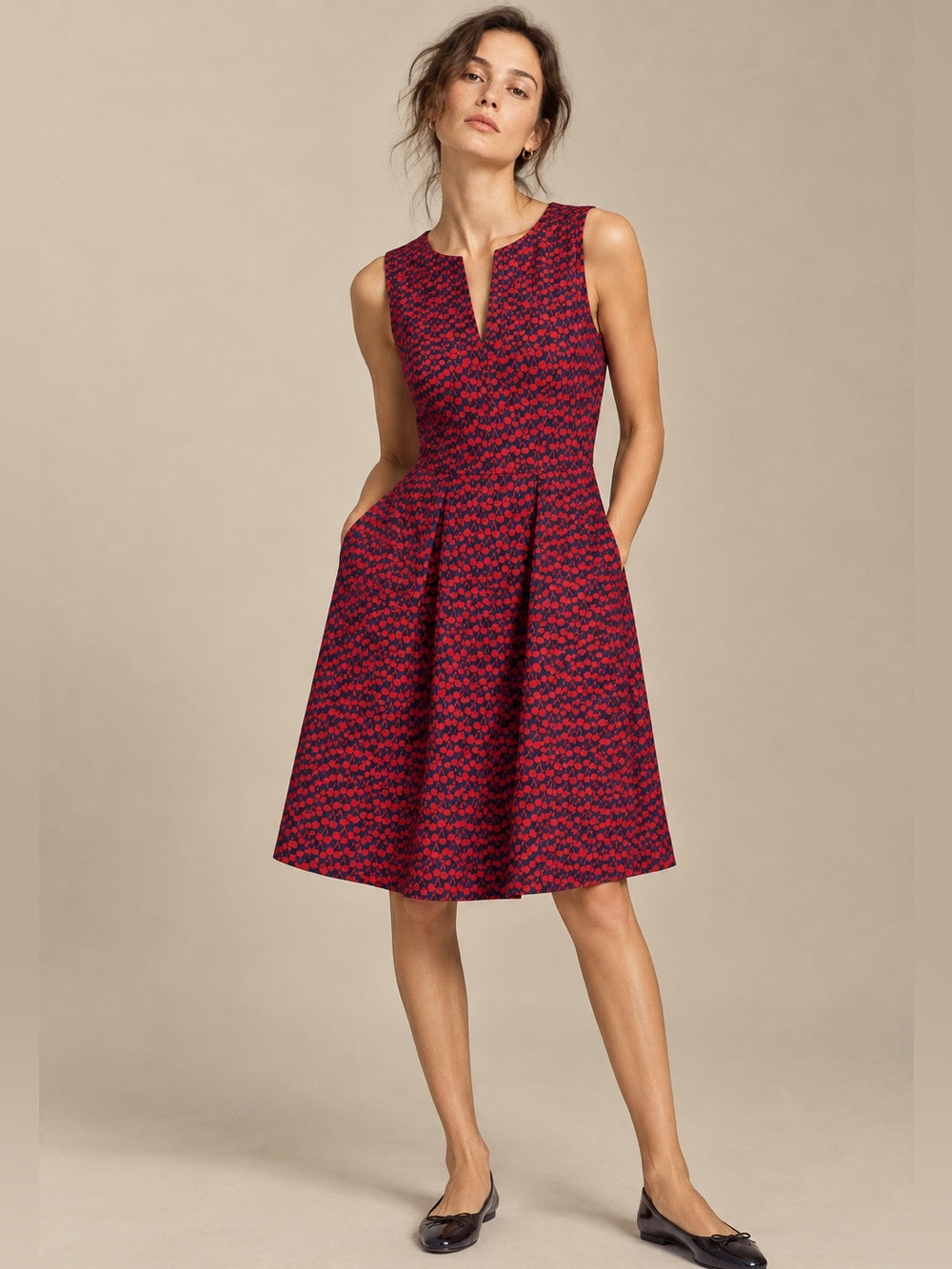 J.Crew Cherry Print Fit & Flare Dress Navy Red Pockets Preppy Retro Pinup